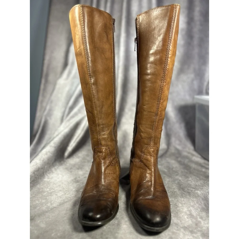 Arturo Chiang Womens 8M Brown Leather Knee High Riding Boots Studded Lace Up